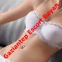 Woman in white lace lingerie lying on a couch with a red diagonal overlay reading 'Gazinter Escort Bayan'.